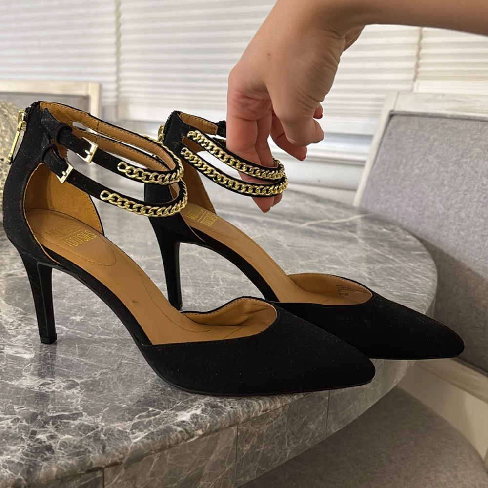 Black suede heel with gold chain ankle trim